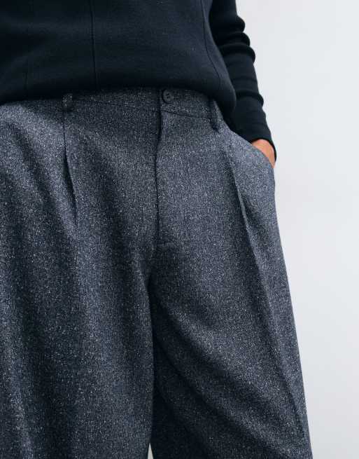 ASOS DESIGN tailored pleated wide barrel leg pants in navy texture, 4 of 5