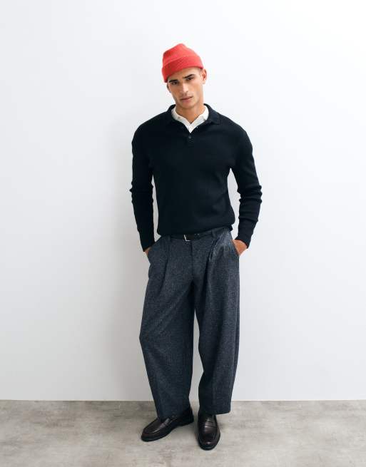 ASOS DESIGN tailored pleated wide barrel leg pants in navy texture, 5 of 5