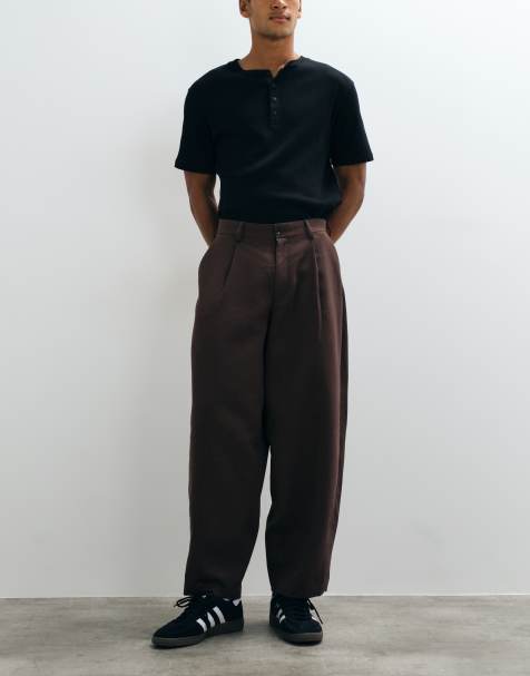 ASOS DESIGN tailored pleated wide barrel leg trousers in dark brown microtexture - view 1