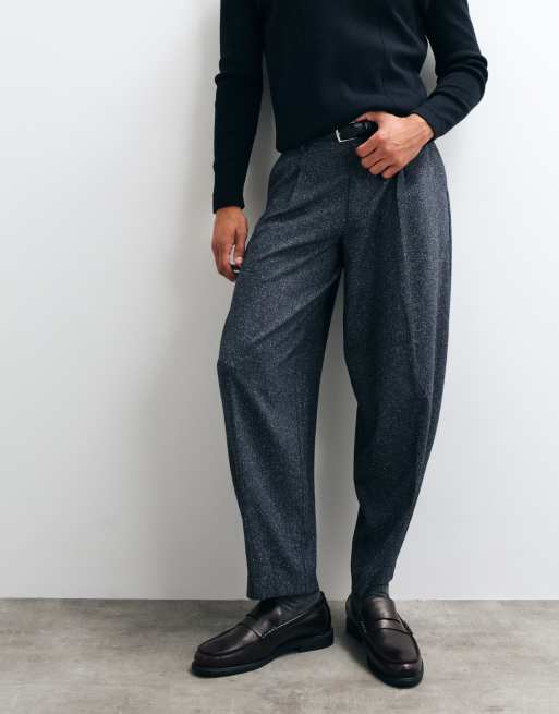 ASOS DESIGN tailored pleated wide barrel leg trousers in navy texture, 2 of 5