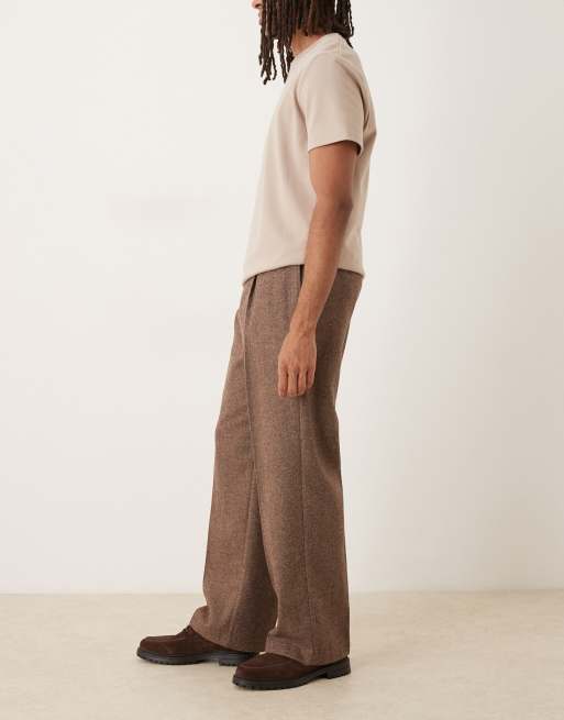 ASOS DESIGN tailored pleated wide leg pants in brown wool blend with elasticated waist, 3 of 5