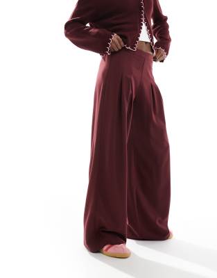 Asos Design Tailored Pleated Wide Leg Pants In Burgundy In Red