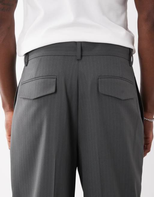 ASOS DESIGN tailored pleated wide leg pants in charcoal pinstripe, 3 of 5