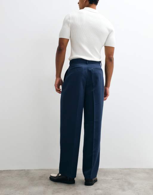 ASOS DESIGN tailored pleated wide leg pants in dark blue, 3 of 5