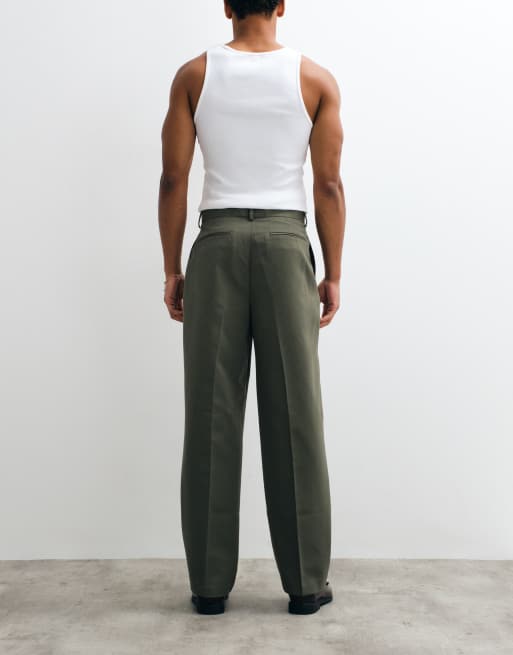 ASOS DESIGN tailored pleated wide leg pants in olive green, 3 of 5