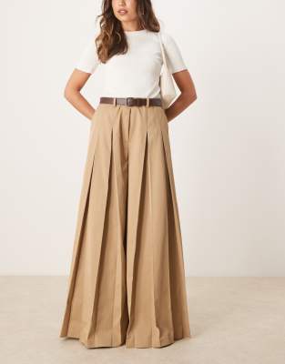 ASOS DESIGN tailored pleated wide leg pants with belt in stone - view 1