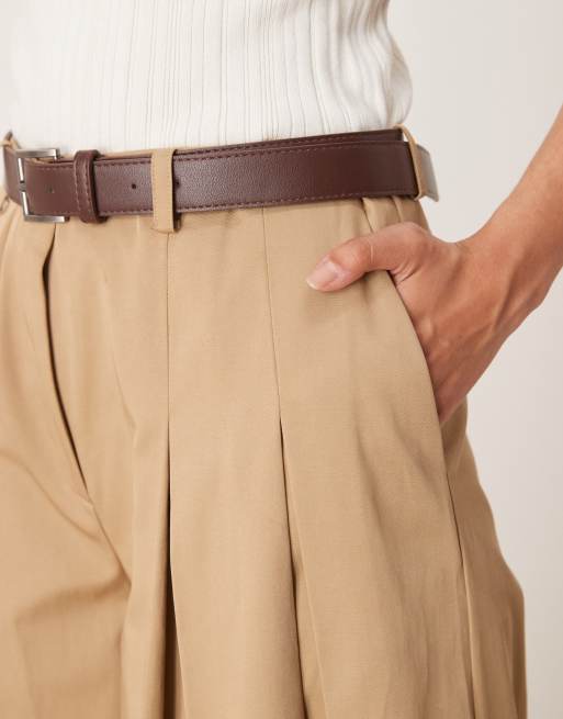 ASOS DESIGN tailored pleated wide leg pants with belt in stone