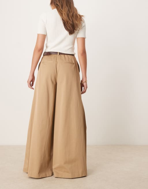 ASOS DESIGN tailored pleated wide leg pants with belt in stone