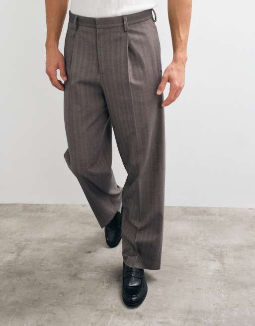 ASOS DESIGN tailored pleated wide leg trousers in grey wool look herringbone, 2 of 5