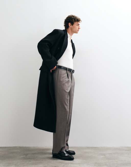 ASOS DESIGN tailored pleated wide leg trousers in grey wool look herringbone, 3 of 5