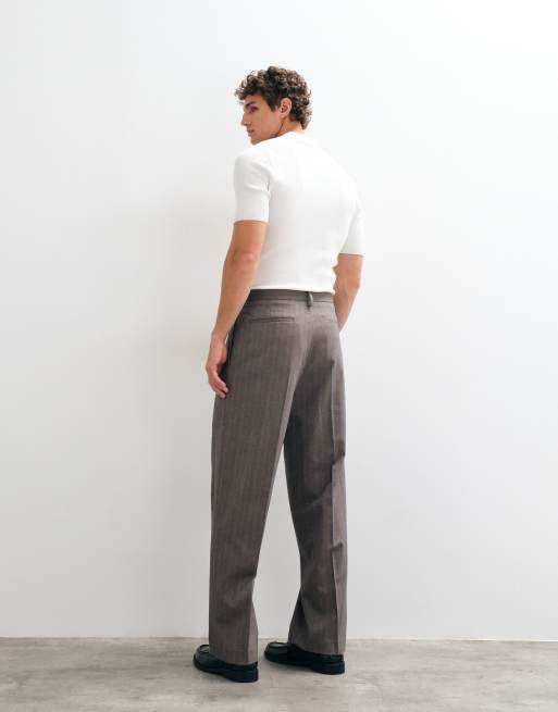 ASOS DESIGN tailored pleated wide leg trousers in grey wool look herringbone, 5 of 5