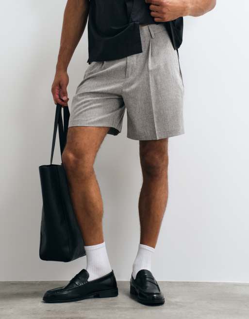 ASOS DESIGN tailored pleated wide shorts in grey linen blend texture, 3 of 5