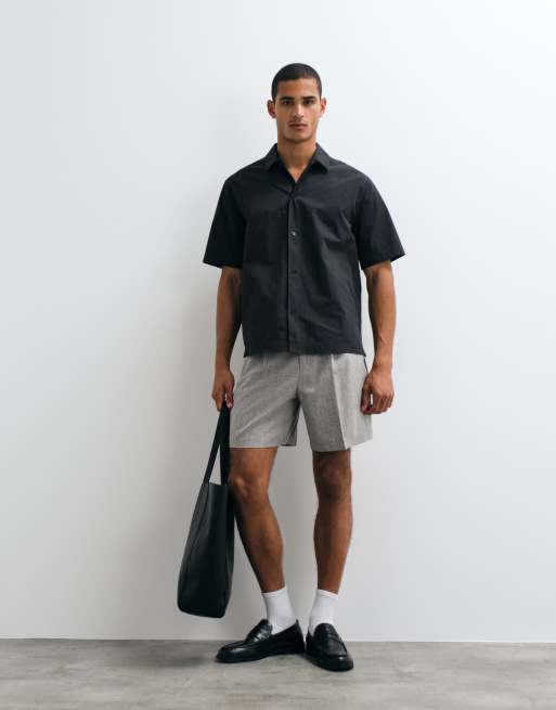 ASOS DESIGN tailored pleated wide shorts in grey linen blend texture, 5 of 5