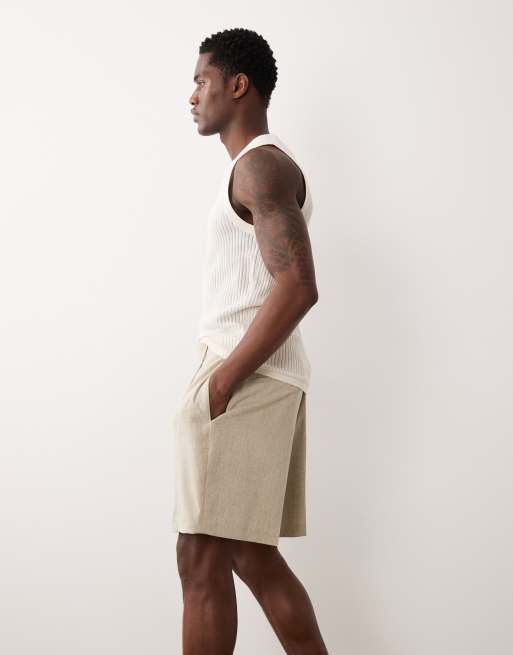 ASOS DESIGN tailored pleated wide shorts in stone linen mix texture, 3 of 5
