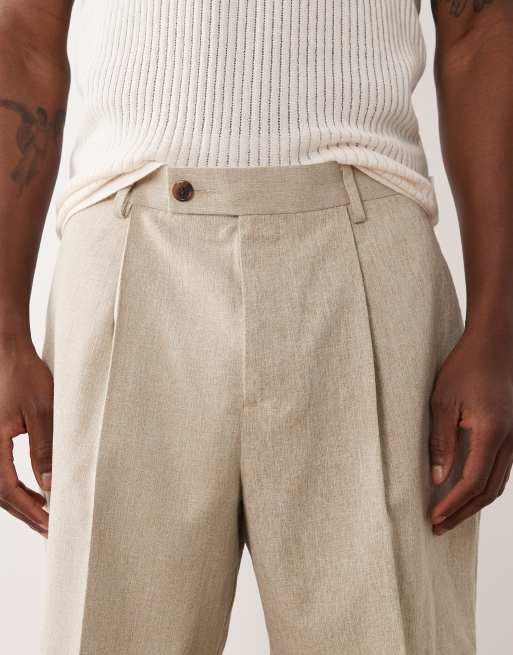 ASOS DESIGN tailored pleated wide shorts in stone linen mix texture, 4 of 5