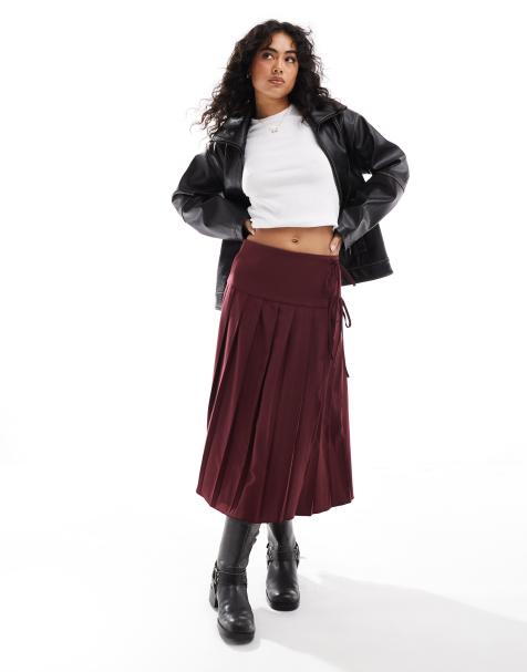 ASOS DESIGN tailored pleated wrap midi skirt in burgundy - view 1