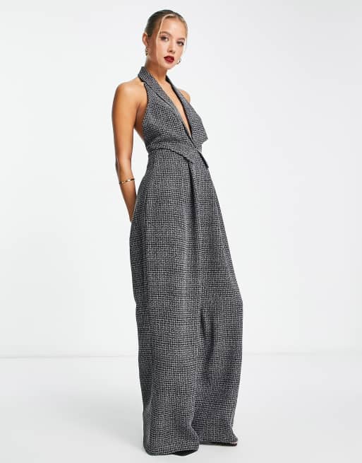 ASOS DESIGN tailored plunge halter jumpsuit in grey check print