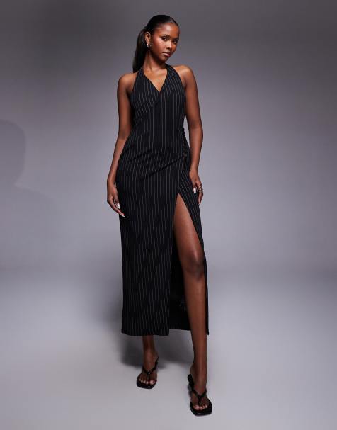 ASOS DESIGN tailored plunge neck midi dress in stripe - view 1