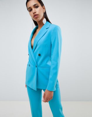 tailored pop blue longline double breasted blazer