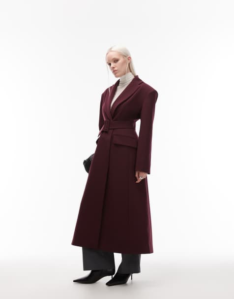 ASOS DESIGN tailored power shoulder belted overcoat in plum - view 1