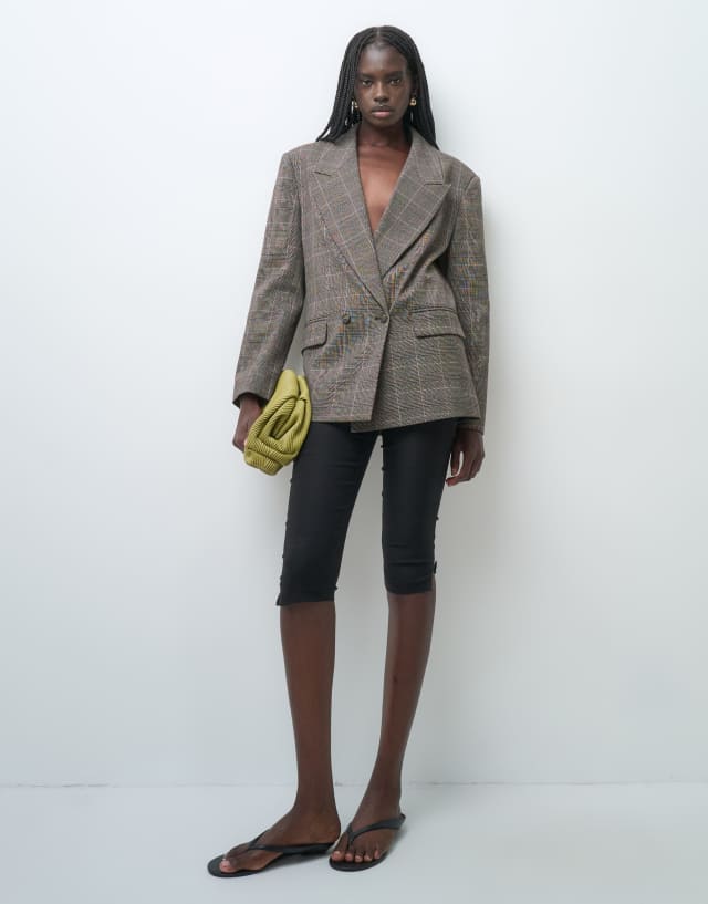 ASOS DESIGN Tailored power shoulder double breasted blazer in checked brown and beige