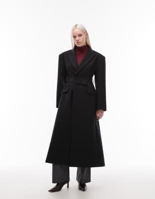 Asos Design Tailored Power Shoulders Belted Overcoat In Black
