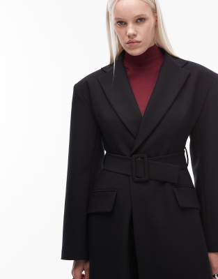 Asos Design Tailored Power Shoulders Belted Overcoat In Black