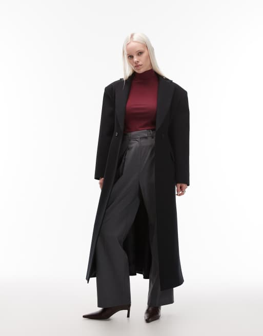 ASOS DESIGN tailored power shoulders belted overcoat in black