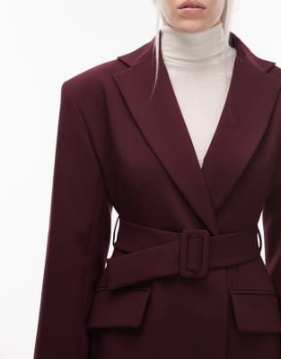 Asos Design Tailored Power Shoulders Belted Overcoat In Burgundy