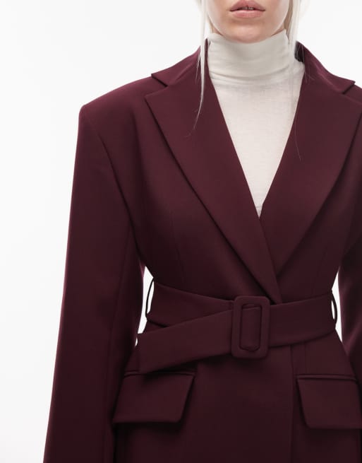 ASOS DESIGN tailored power shoulders belted overcoat in plum