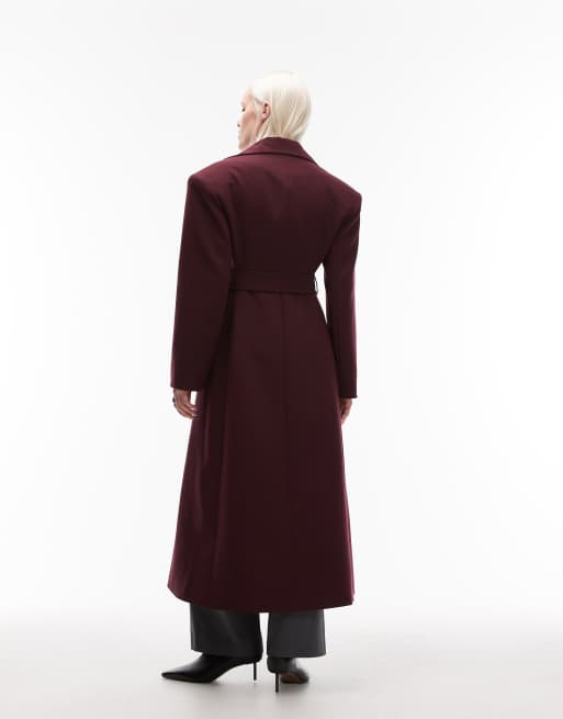 ASOS DESIGN tailored power shoulders belted overcoat in plum