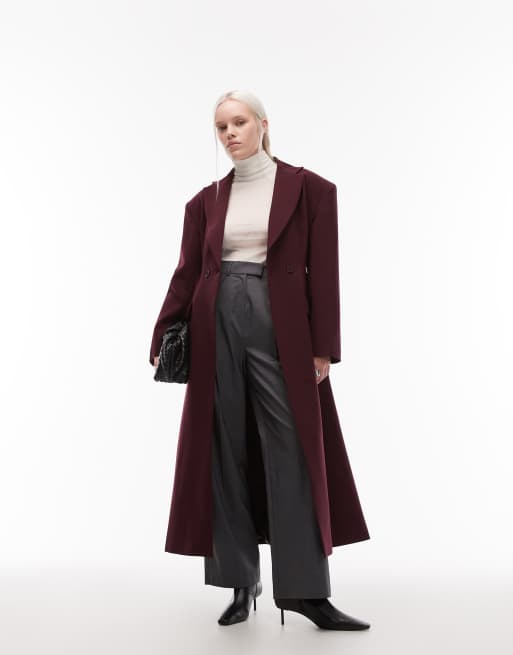 ASOS DESIGN tailored power shoulders belted overcoat in plum