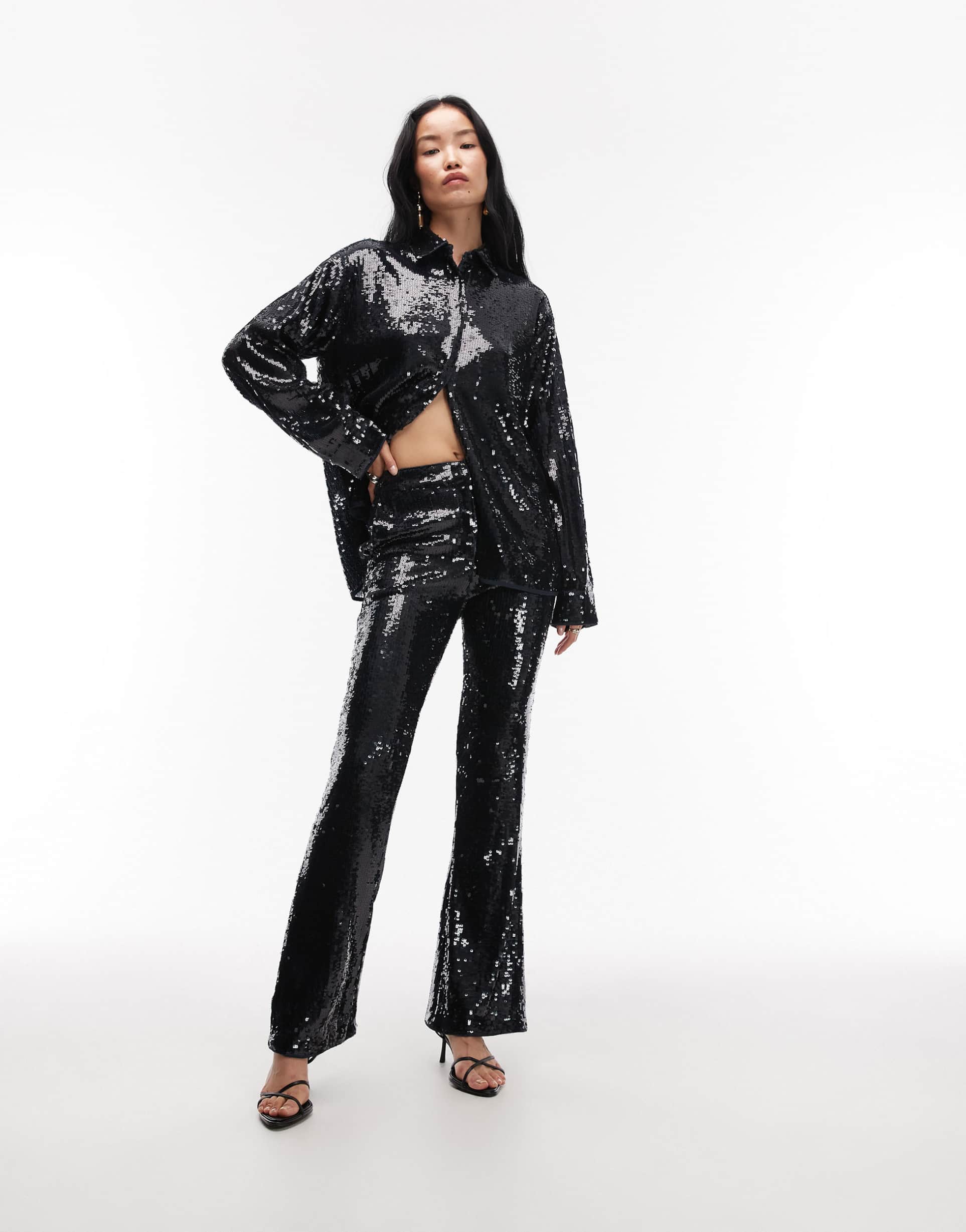 asos design tailored premium sequined flare pants in navy