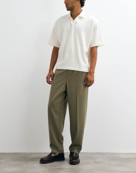 ASOS DESIGN tailored pull on comfort stretch relaxed tapered trousers in khaki twill