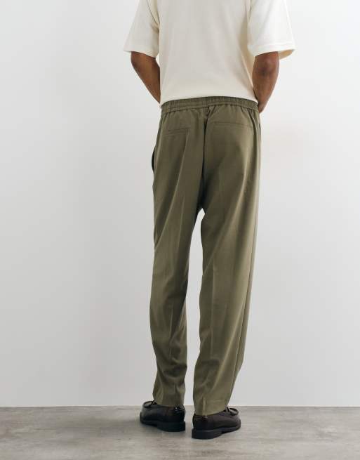 ASOS DESIGN tailored pull on comfort stretch relaxed tapered trousers in khaki twill, 2 of 5