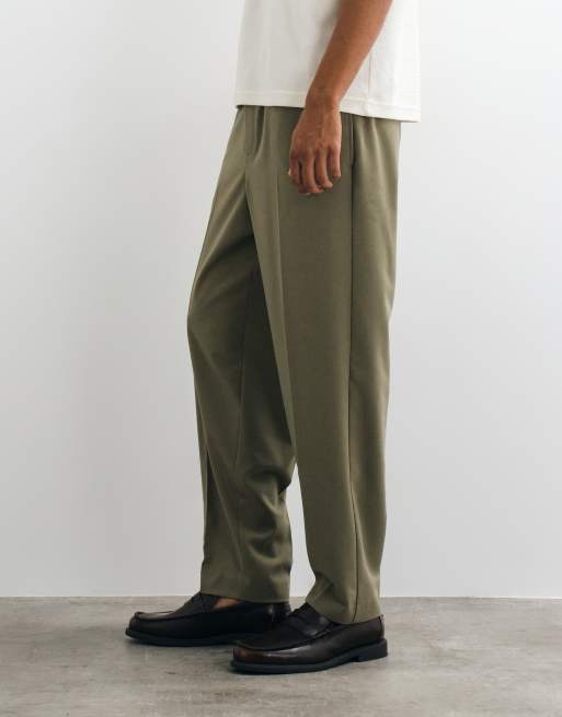 ASOS DESIGN tailored pull on comfort stretch relaxed tapered trousers in khaki twill, 3 of 5