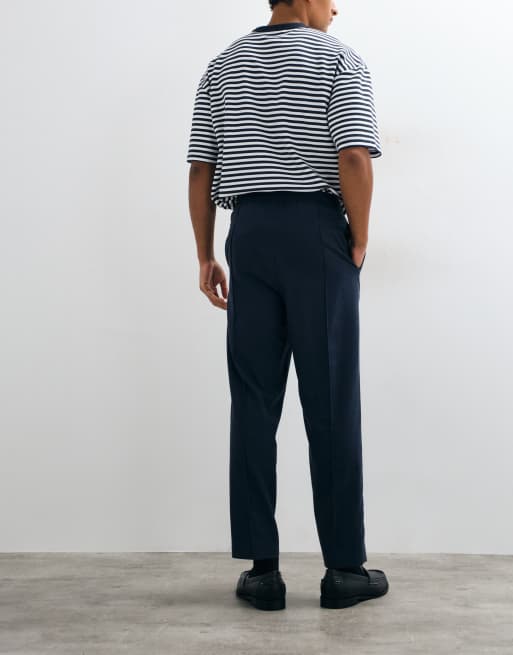 ASOS DESIGN tailored pull on flannel relaxed tapered pants in navy, 2 of 5