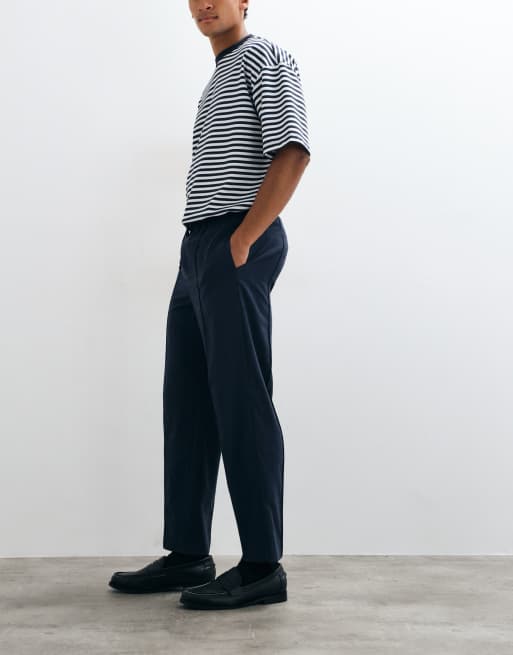 ASOS DESIGN tailored pull on flannel relaxed tapered pants in navy, 3 of 5