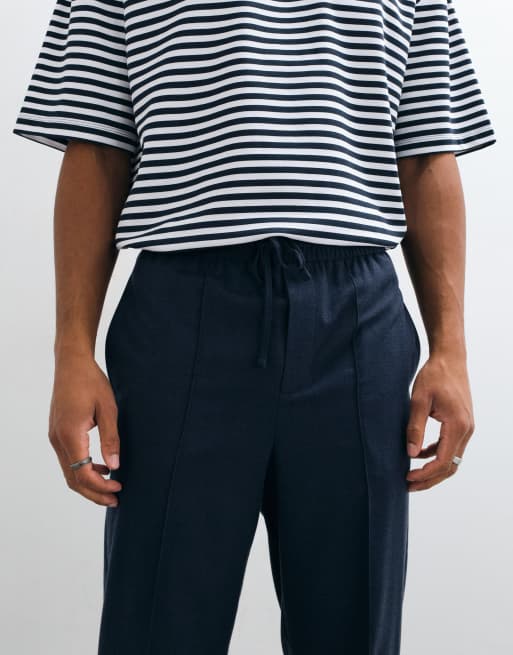 ASOS DESIGN tailored pull on flannel relaxed tapered pants in navy, 4 of 5