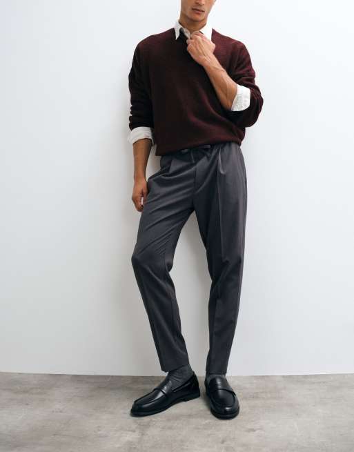 ASOS DESIGN tailored pull on tapered flannel pants in charcoal, 4 of 5