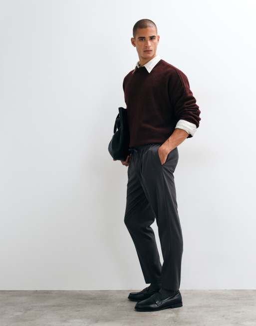 ASOS DESIGN tailored pull on tapered flannel trousers in charcoal, 2 of 5