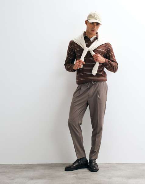 ASOS DESIGN tailored pull on tapered flannel trousers in dark stone - view 1