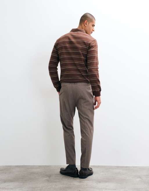 ASOS DESIGN tailored pull on tapered flannel trousers in dark stone, 2 of 5