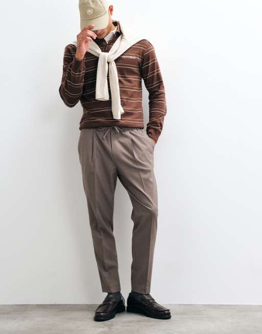 ASOS DESIGN tailored pull on tapered flannel trousers in dark stone, 3 of 5