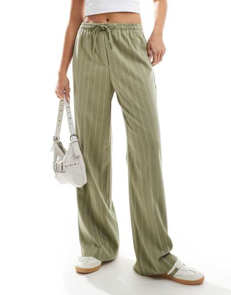 ASOS DESIGN tailored pull on trousers in khaki stripe