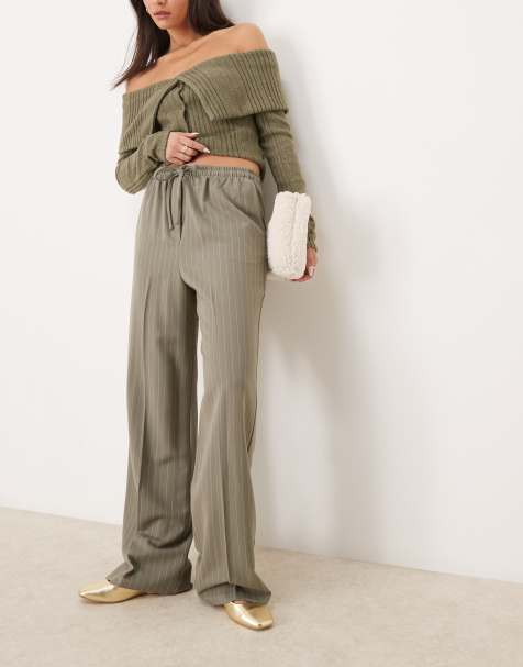 ASOS DESIGN tailored pull on trousers in khaki stripe - view 1