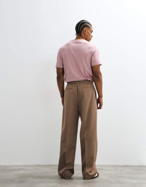 ASOS DESIGN tailored pull on wide leg trousers in brown, 4 of 10