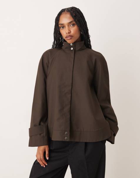 ASOS DESIGN tailored raglan sleeve high neck swing jacket in chocolate - view 1