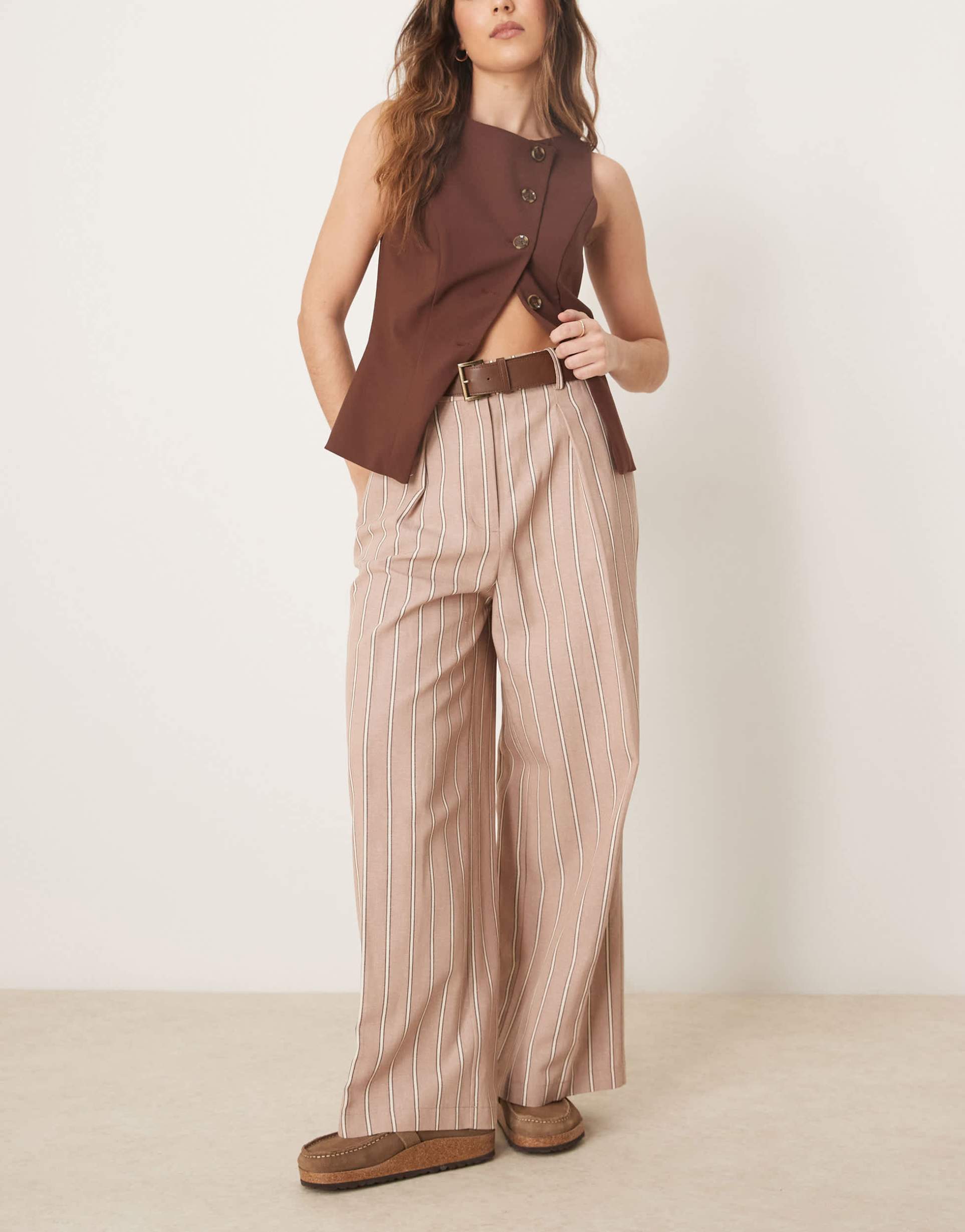 asos design tailored relaxed ankle grazer pants with pu belt in mocha stripe