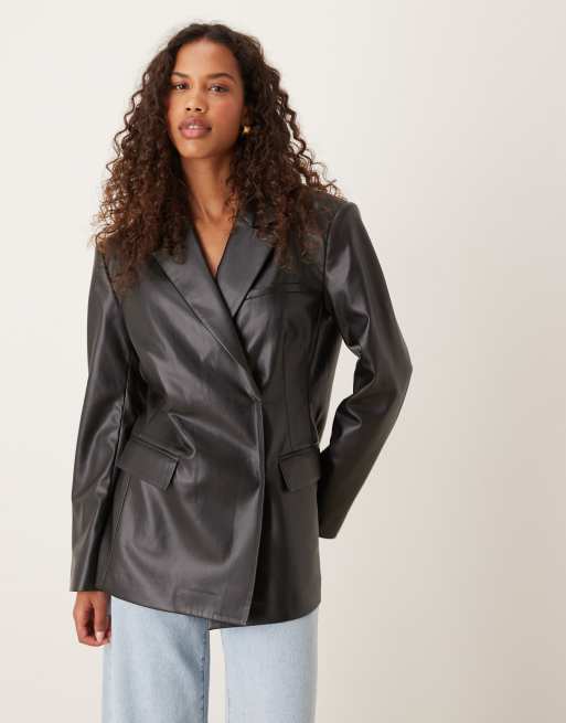 ASOS DESIGN tailored relaxed leather look blazer in black